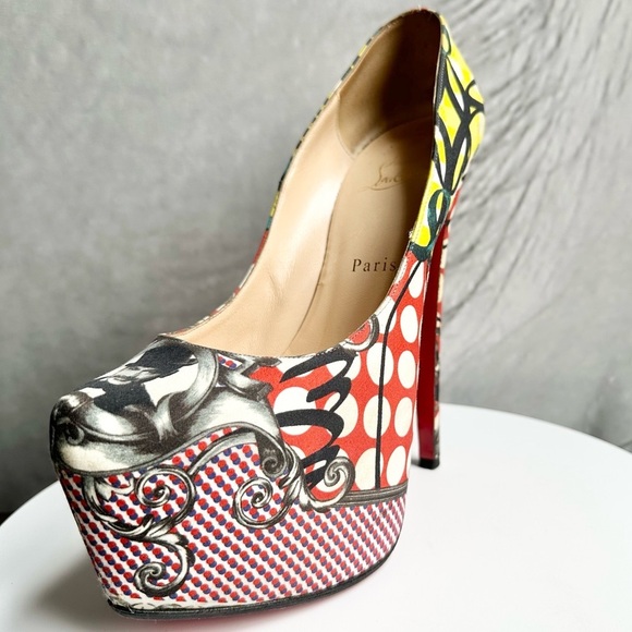🌺CHRISTIAN LOUBOUTIN 👠Daffodil Multicolor 160mm Print Fabric Platform sz: 38.5 - Picture 5 of 17